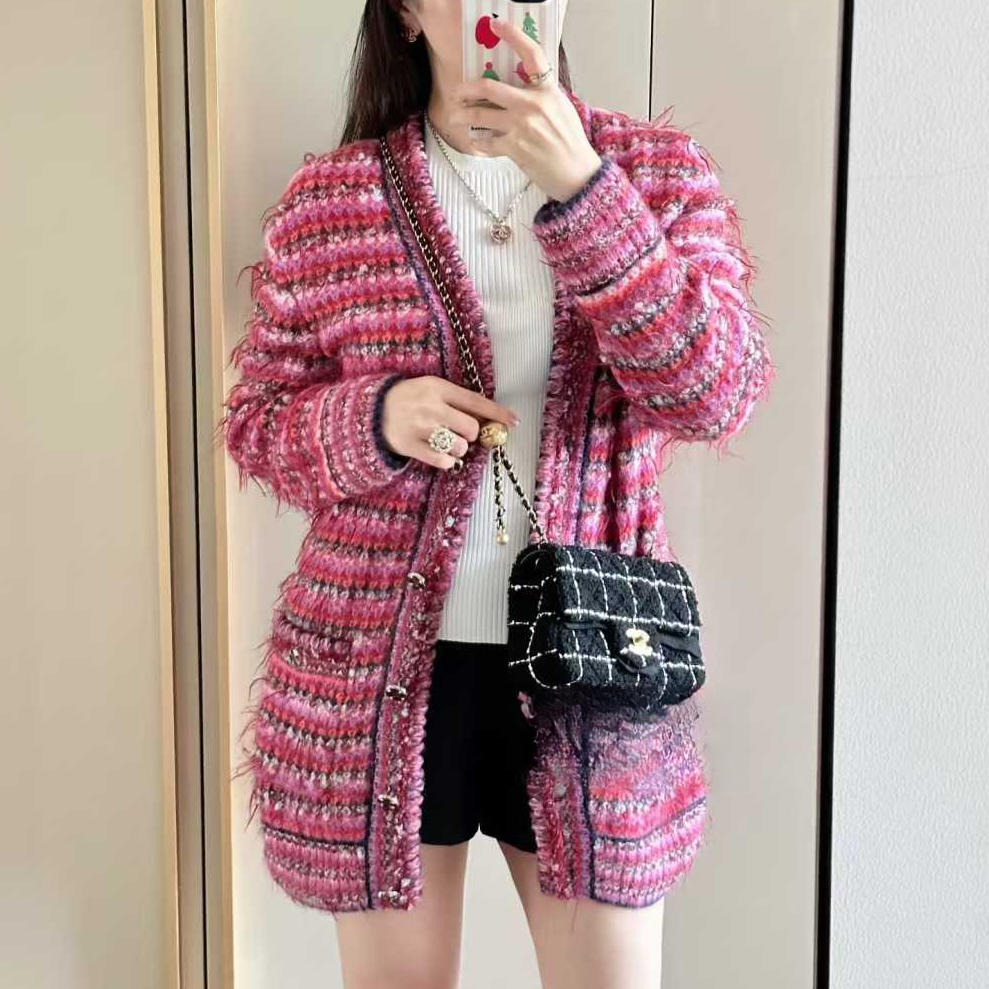 99新 Chanel/香奈儿 40码22A粉色混色细闪钻扣长款开衫