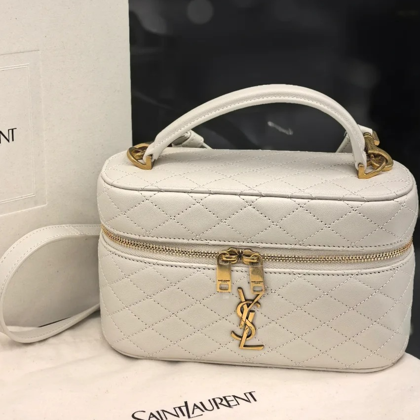 99新 YSL/圣罗兰 小花攀攀Gaby Vanity盒子包米白皮革S
