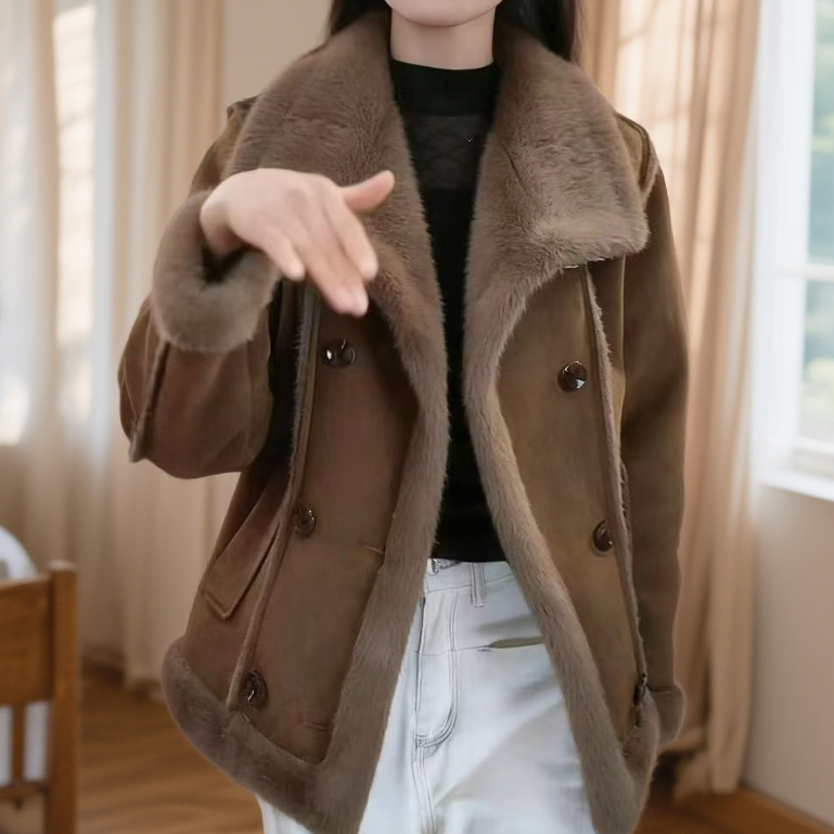 冬季新款保暖女翻领短款冬季短外套拼接女士保暖一体上衣百搭洋气