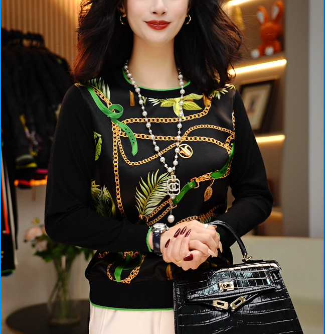 2025春季时尚百搭桑蚕丝印花女士休闲长袖圆领套头衫-新款11.