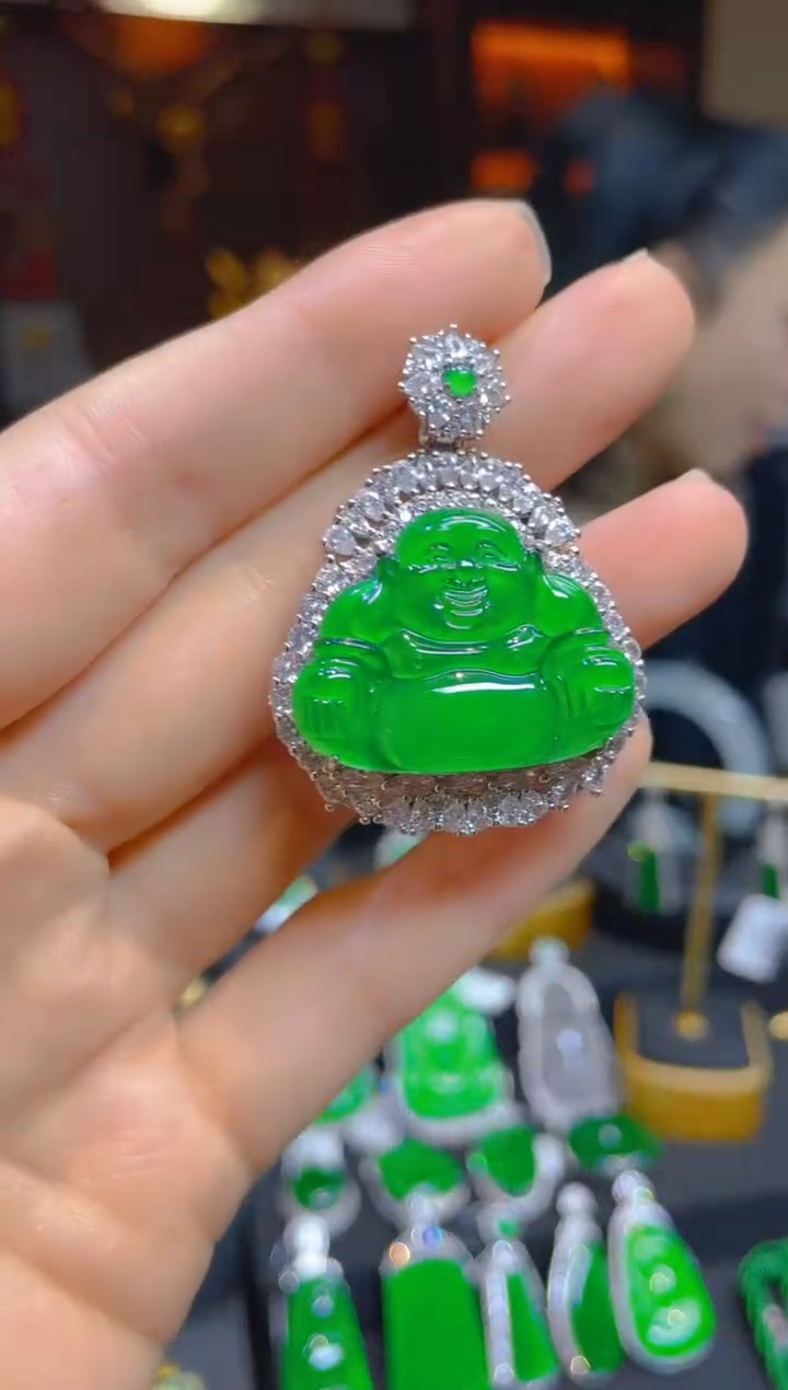 【闪购商品】翡翠颈饰银S925镶嵌121520天然A货翡翠佛公吊坠