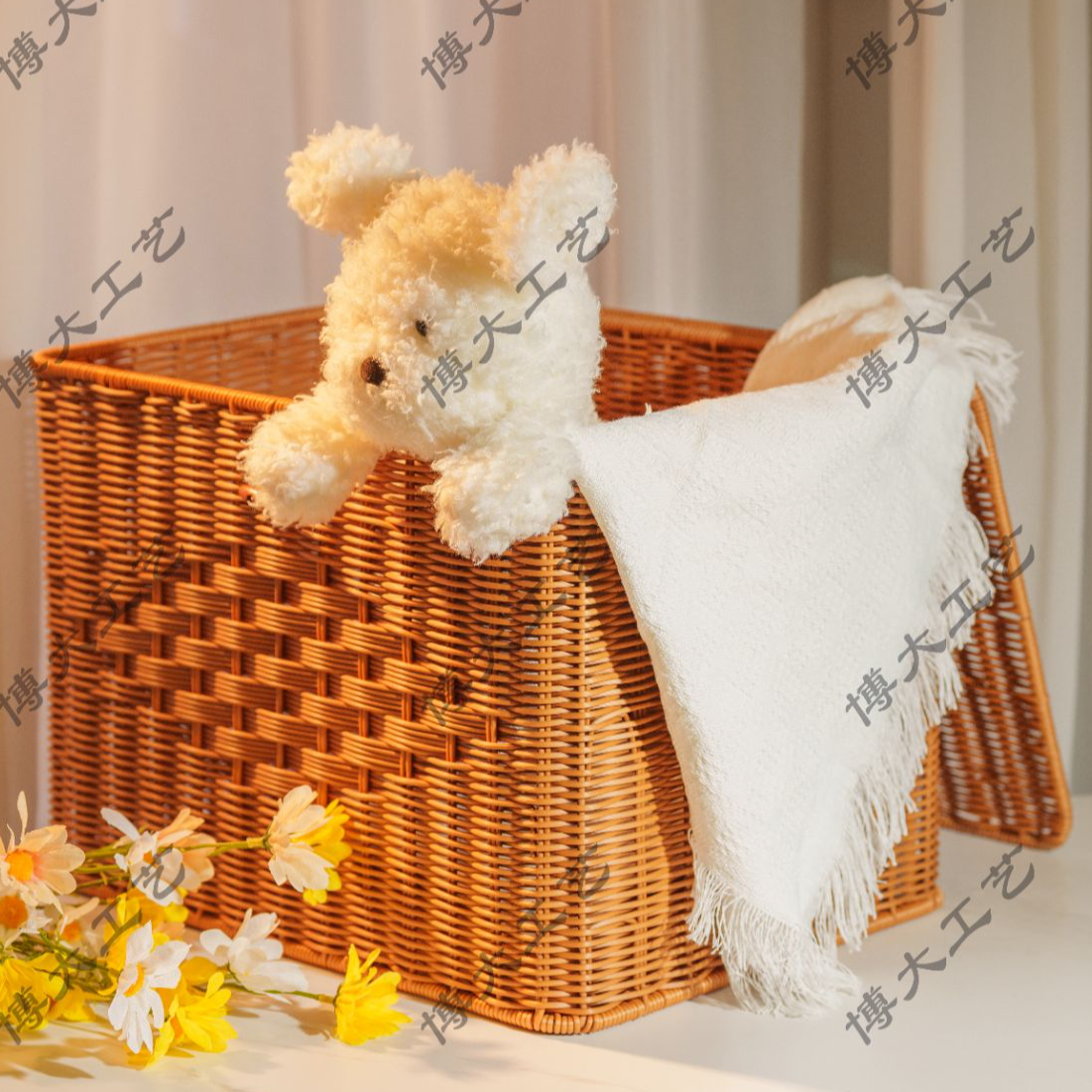 纯手工藤编衣物收纳箱家用客厅简约中号型储物复古衣物收纳筐方形