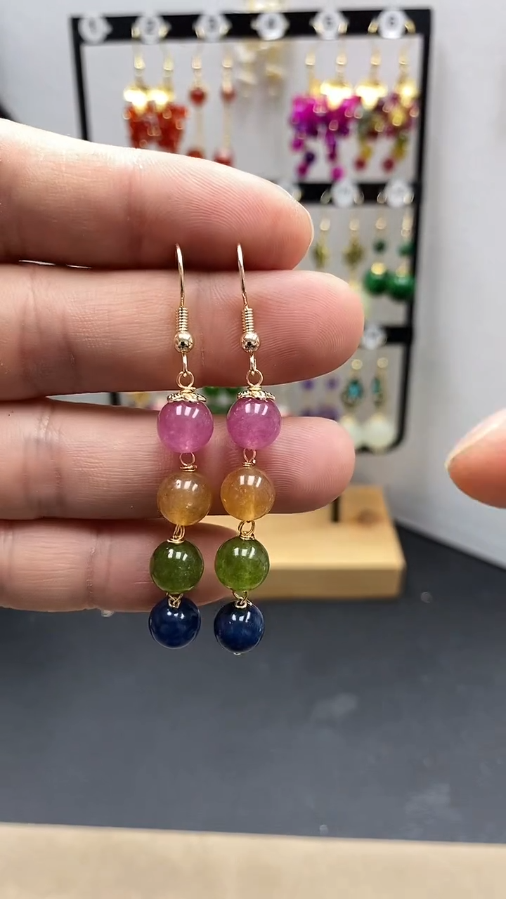 【闪购商品】碧玺耳饰银S925镀金镶嵌尺寸8mm连珠Q3