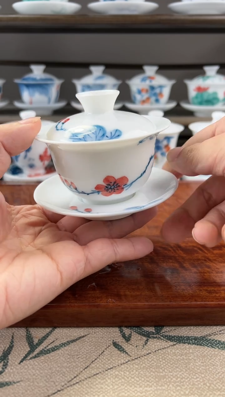 微瑕山茶花130ml三才盖碗