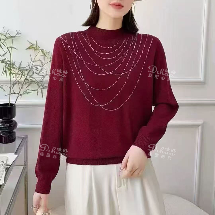 【迪好甄选】新款显瘦套头百搭柔软高弹U形烫钻半高领打底衫89501