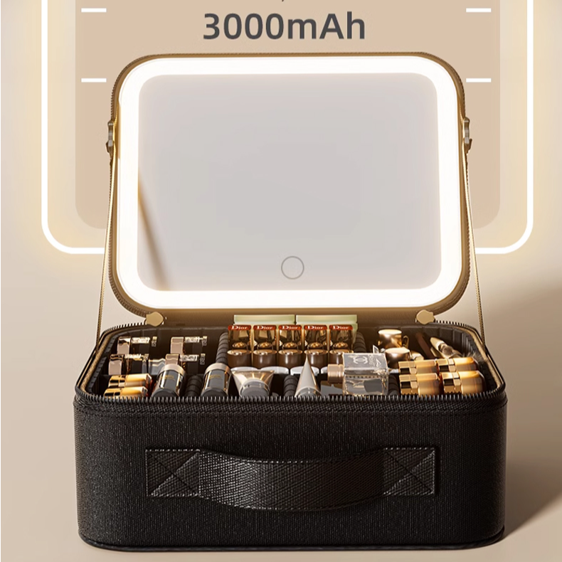 化妆包带镜子带灯充电款pu皮革外贸旅行化妆箱收纳盒隔板爆款ins