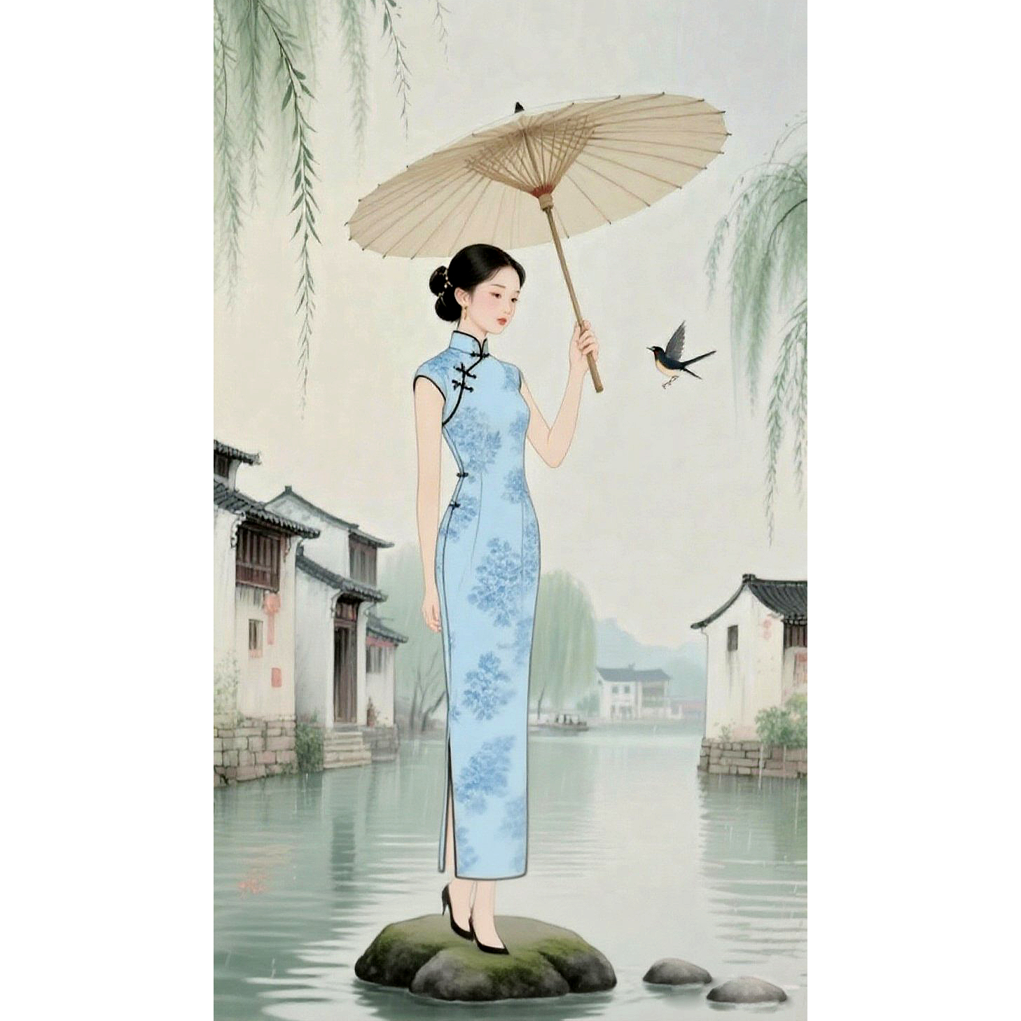 极简风日常旗袍中式走秀修身印花时尚款 贤