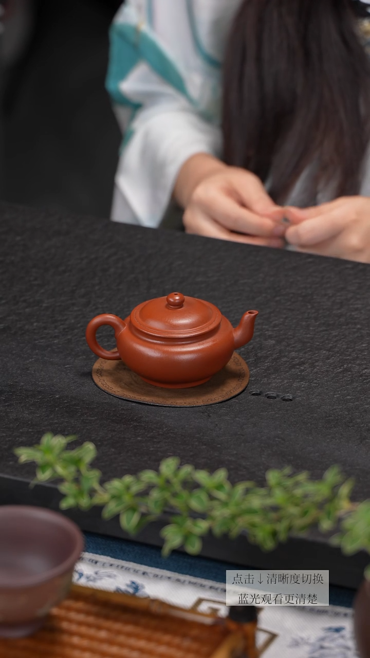 茶壶紫砂朱泥大红袍扁宫灯壶精工半手