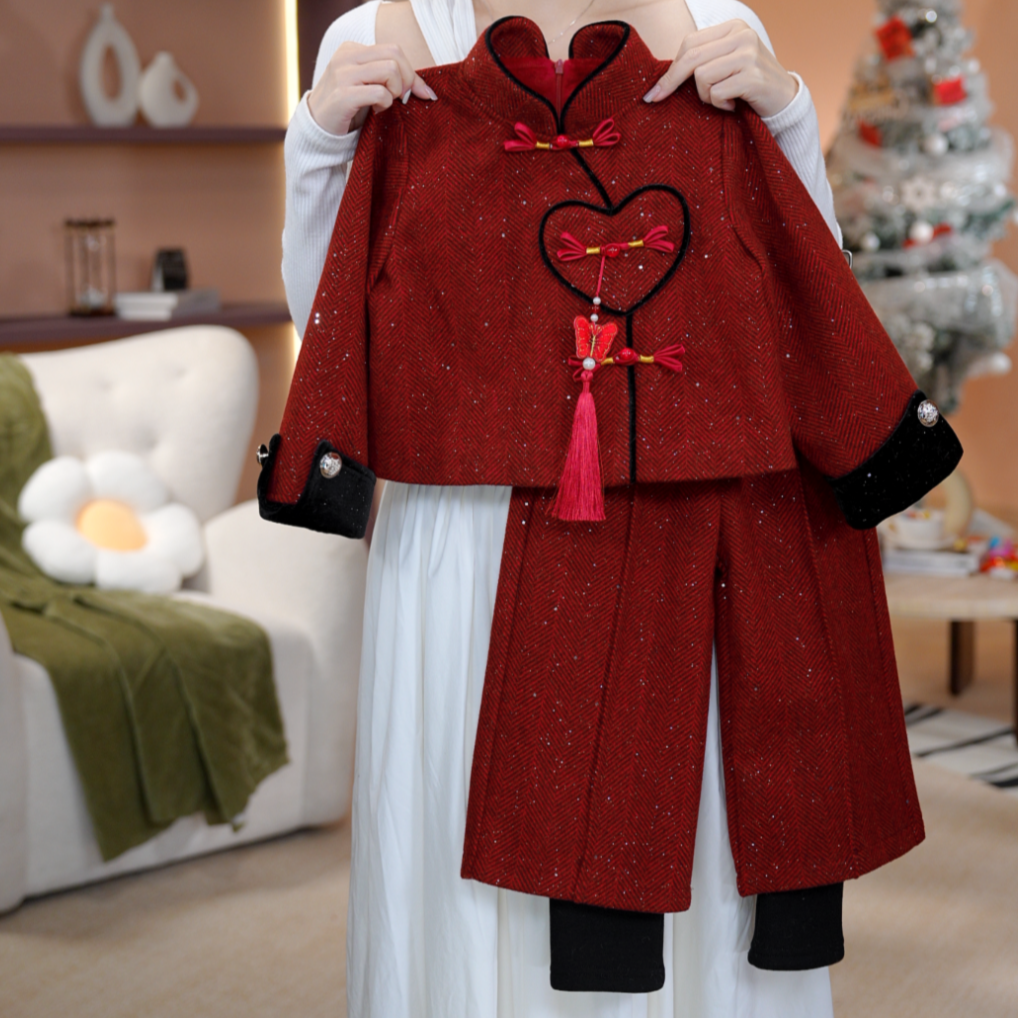 【年味】女童秋冬长袖中国风裤子加绒加厚年服女孩呢子套装D17845