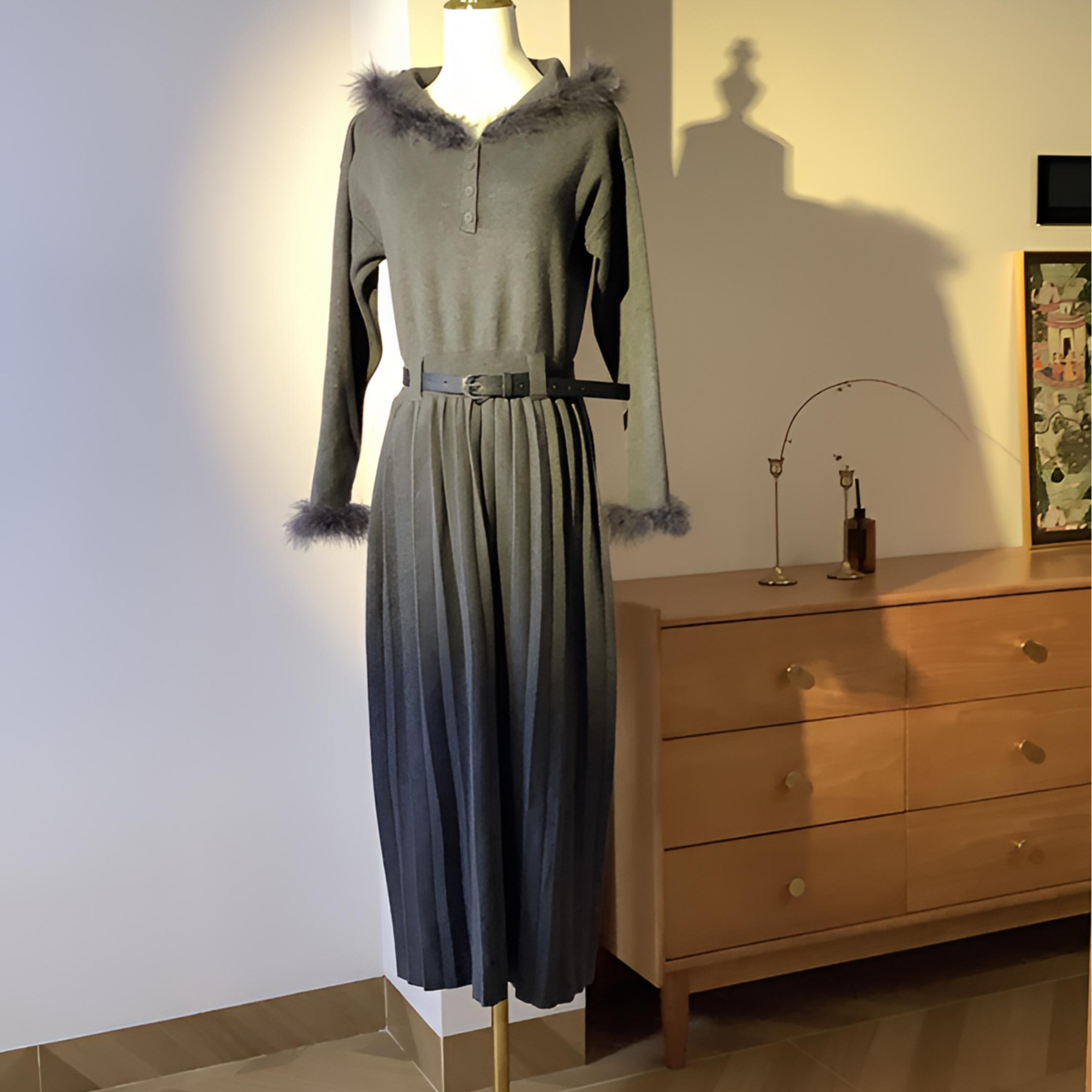 2025新款野一家春季针织明星同款正版褶皱设计师款时尚连衣裙