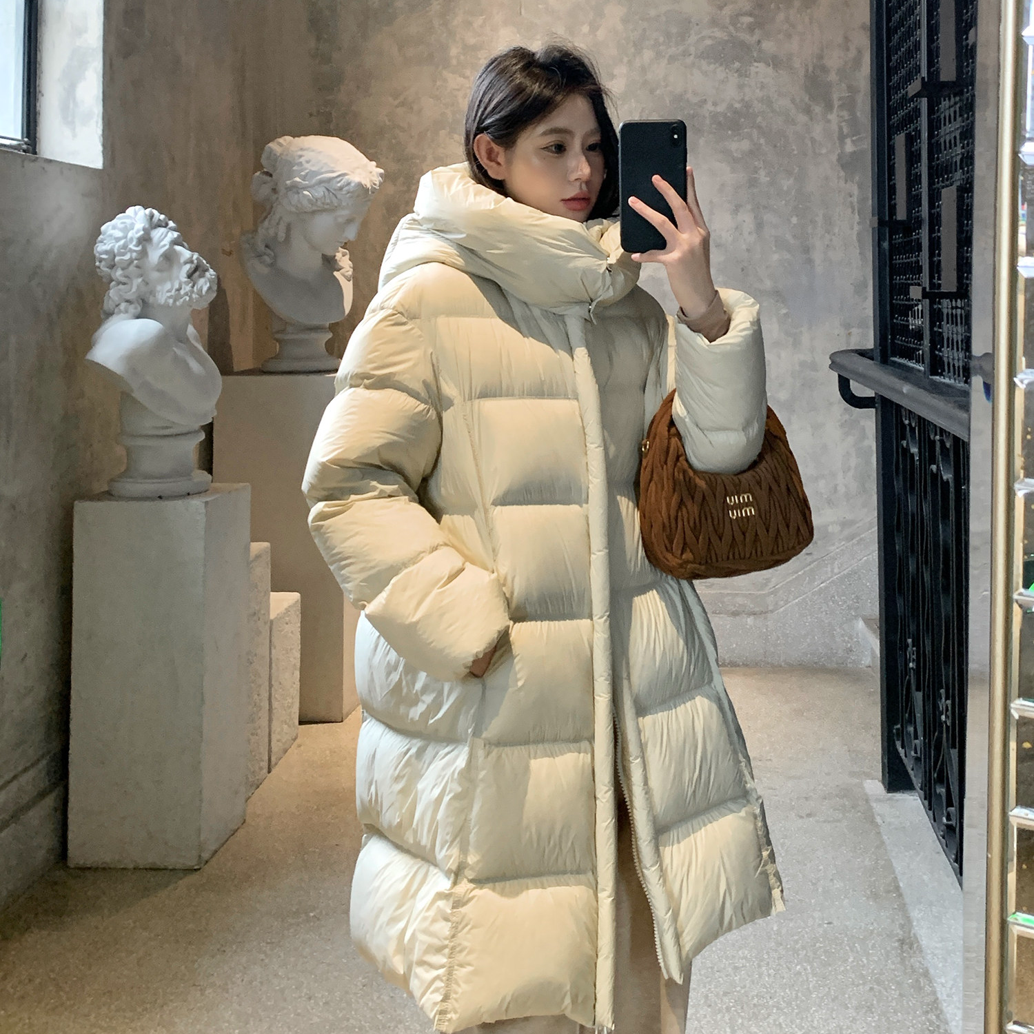 【云上】90绒25新款长款泡芙羽绒服女厚款连帽豆腐块氛围感羽绒服LI