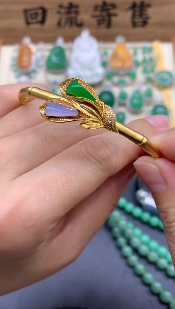 【闪购商品】翡翠18K金镶嵌手镯493-中国好珍宝