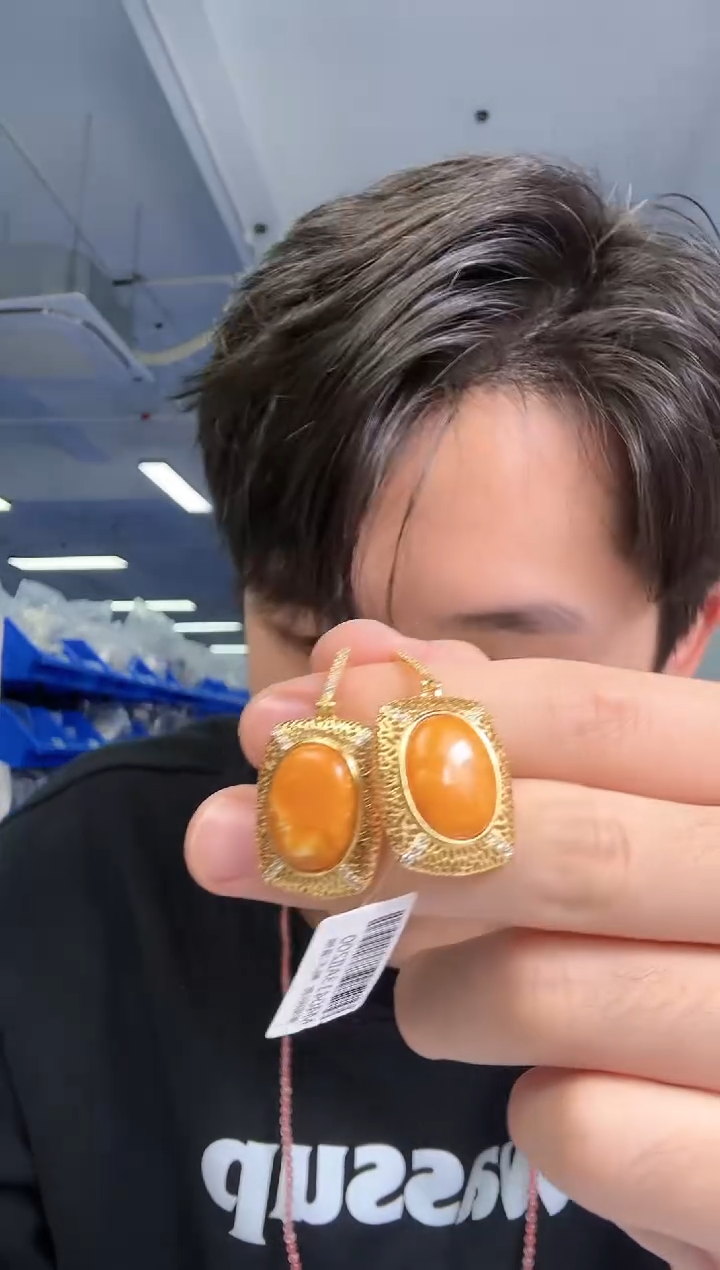 【闪购商品】蜜蜡耳饰银S925镀金镶嵌蜜蜡耳钉27