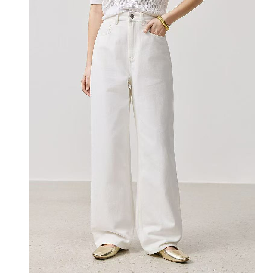 TY/-2025春新款女宽松休闲米白色直筒裤牛仔裤*As 6041