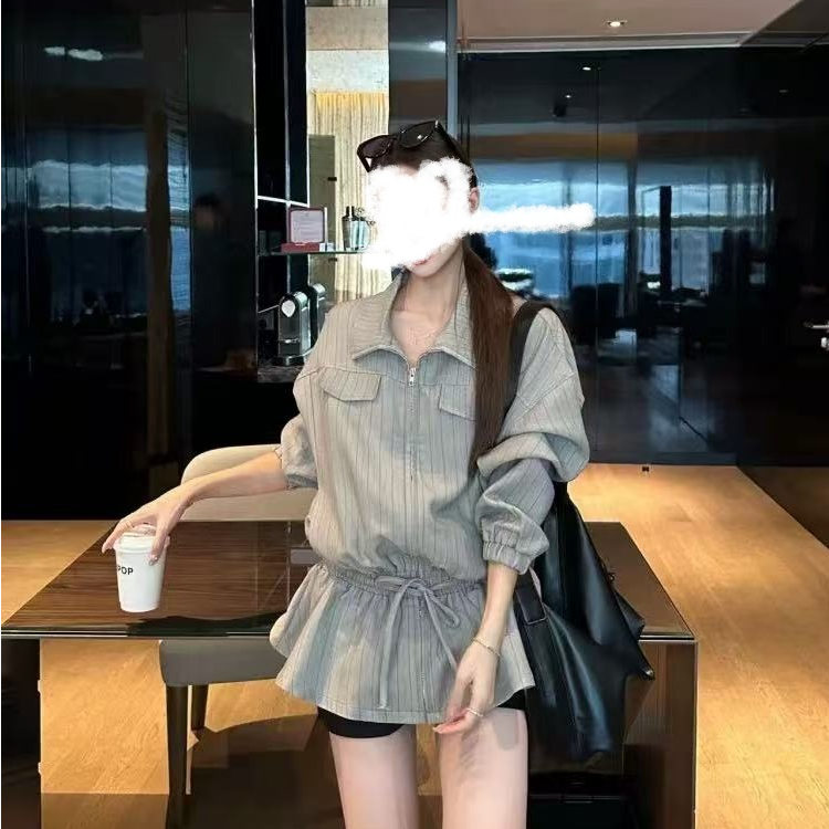 【英伦风夹克】高级感翻领条纹收腰显瘦抽绳外套拉链夹克早秋上衣