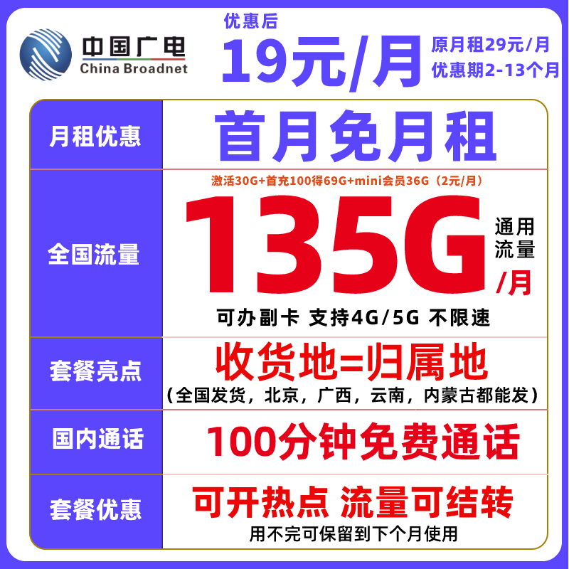 中国广电正龙卡手机卡电话卡19 135全国通用大流量卡不限速本地