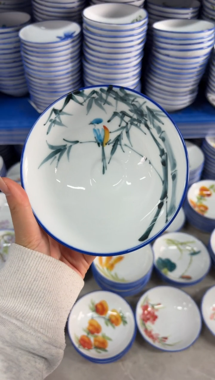 瓷片景德镇高温陶瓷食品级手绘釉中彩-斗笠碗