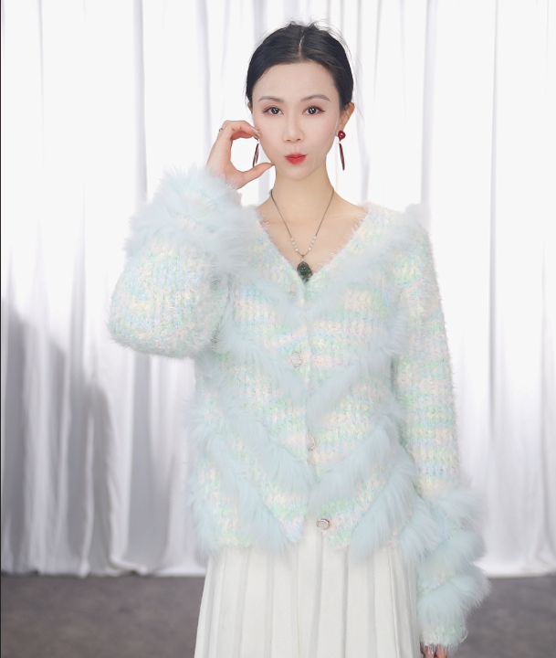 新款狐狸毛时尚车条 彩色亮丝女士v领开衫 短款外套 