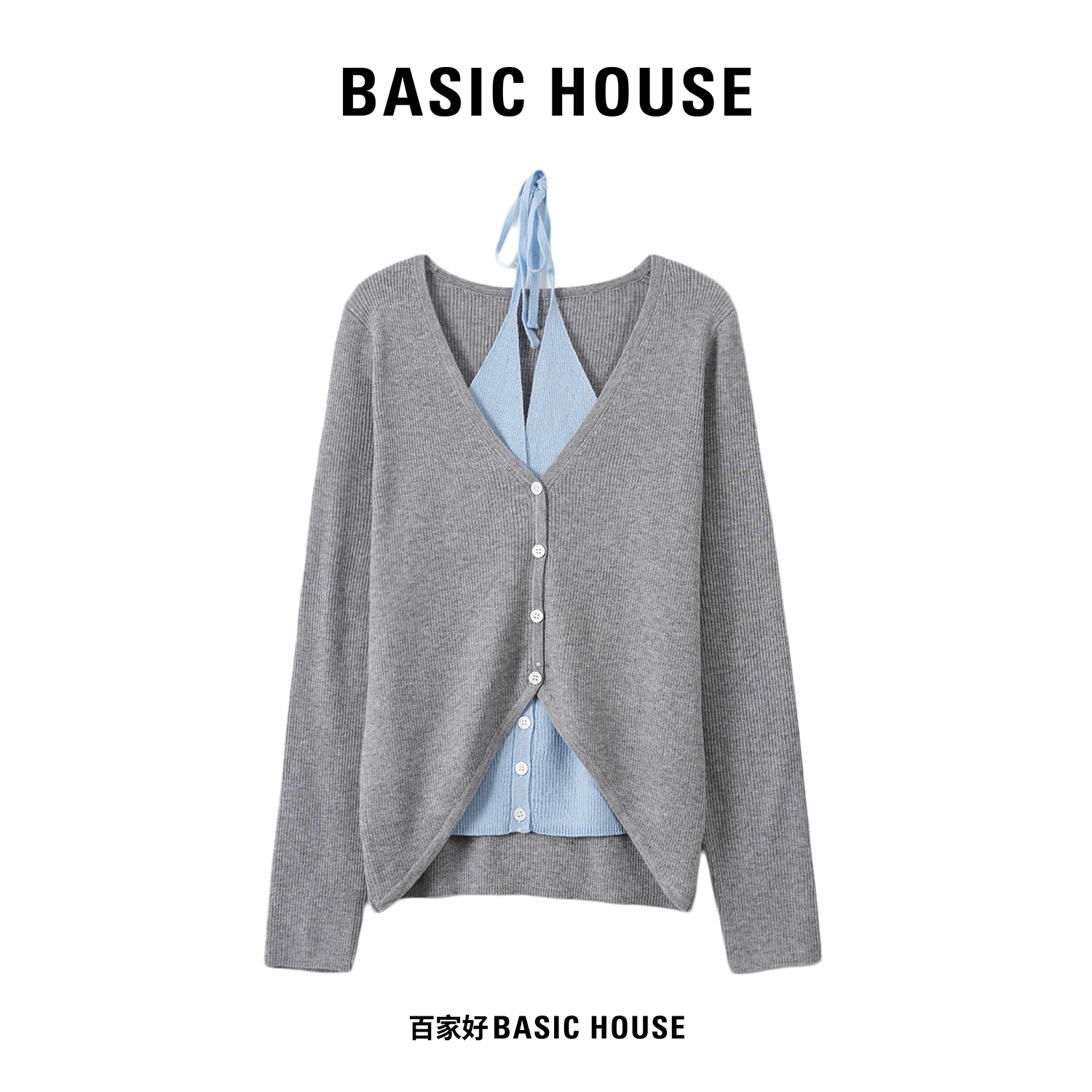 Basic House/百家好2025秋季假两件设计感绑带时尚针织衫L462 MM