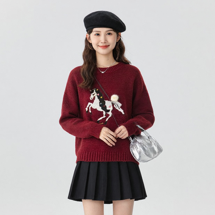奢姿2025冬款大码女装圆领独角兽刺绣针织毛衣胖妹妹复古显瘦上衣