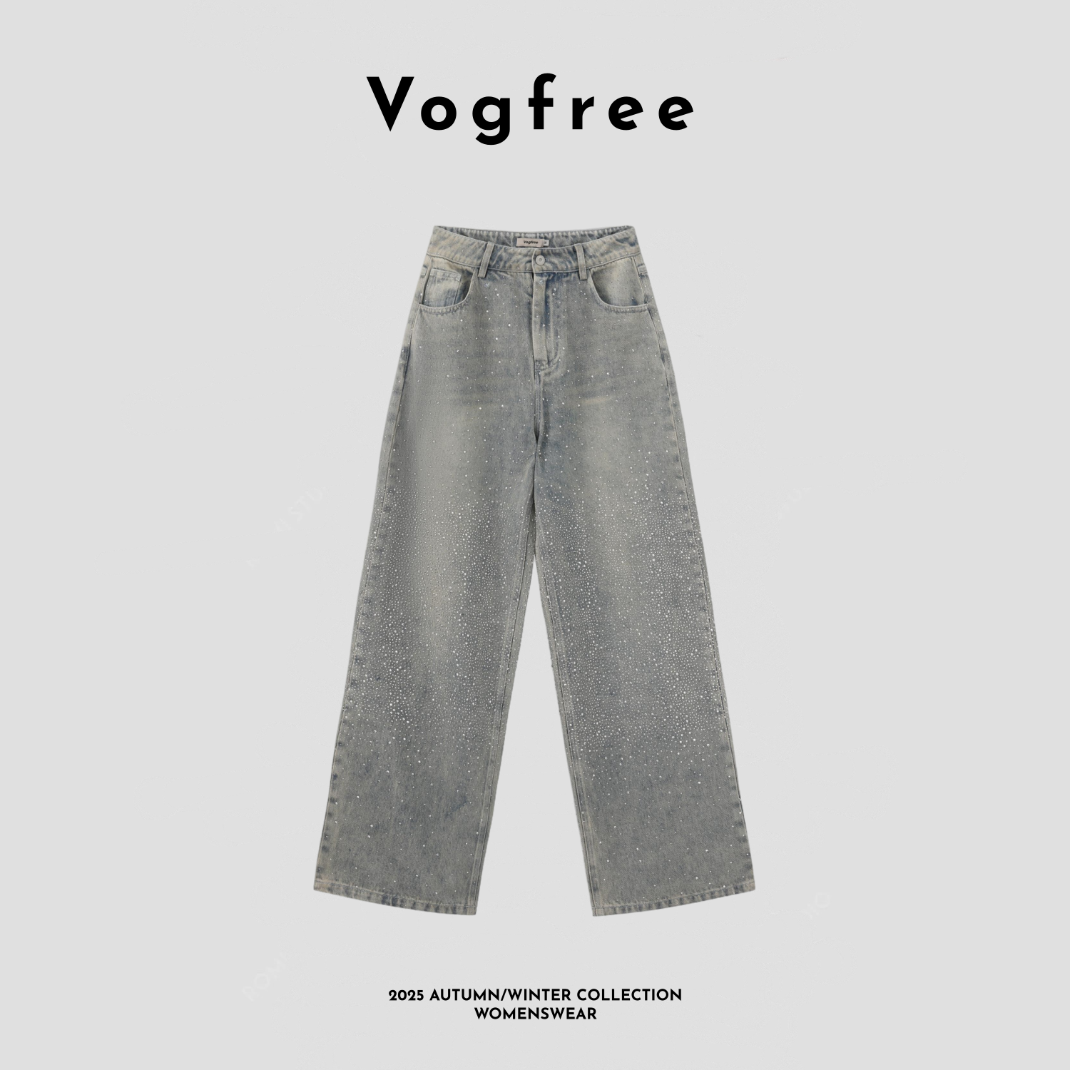 Vogfree 满天星闪钻直筒裤水洗做旧重工烫钻阔腿裤巴黎爆闪牛仔裤