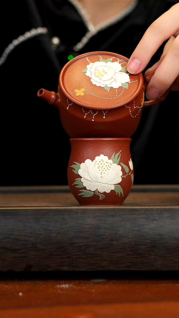 【闪购商品】紫砂茶壶念一紫砂   汉瓦 牡丹  壶+杯子