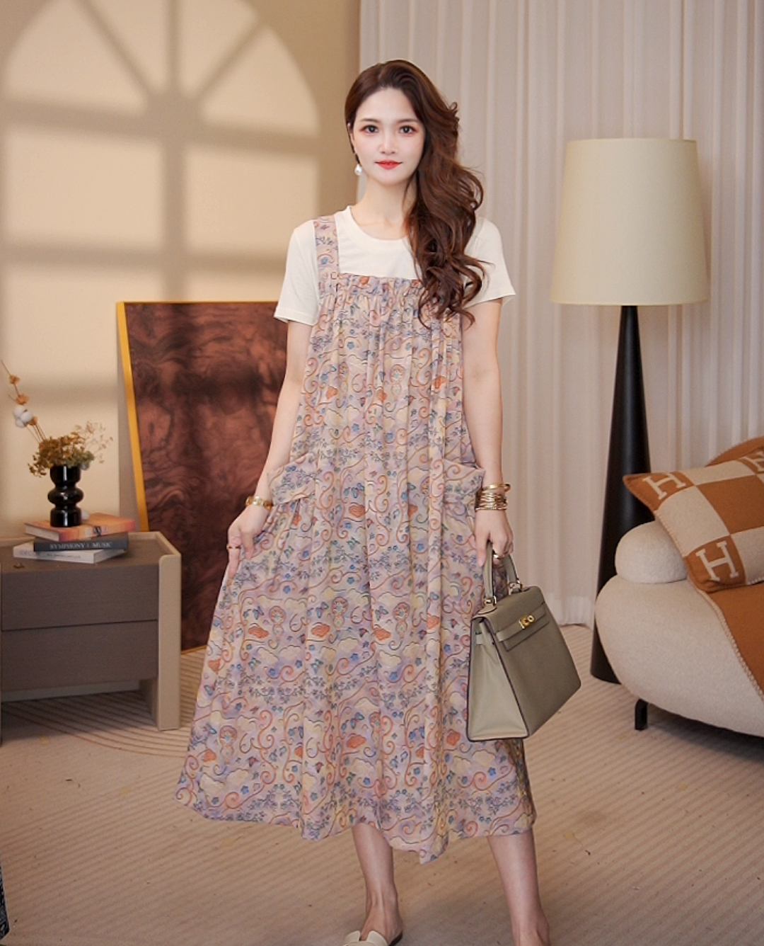 高端品质【恋夏】时尚显瘦高腰背带裙简约风气质中长款套装女1302#