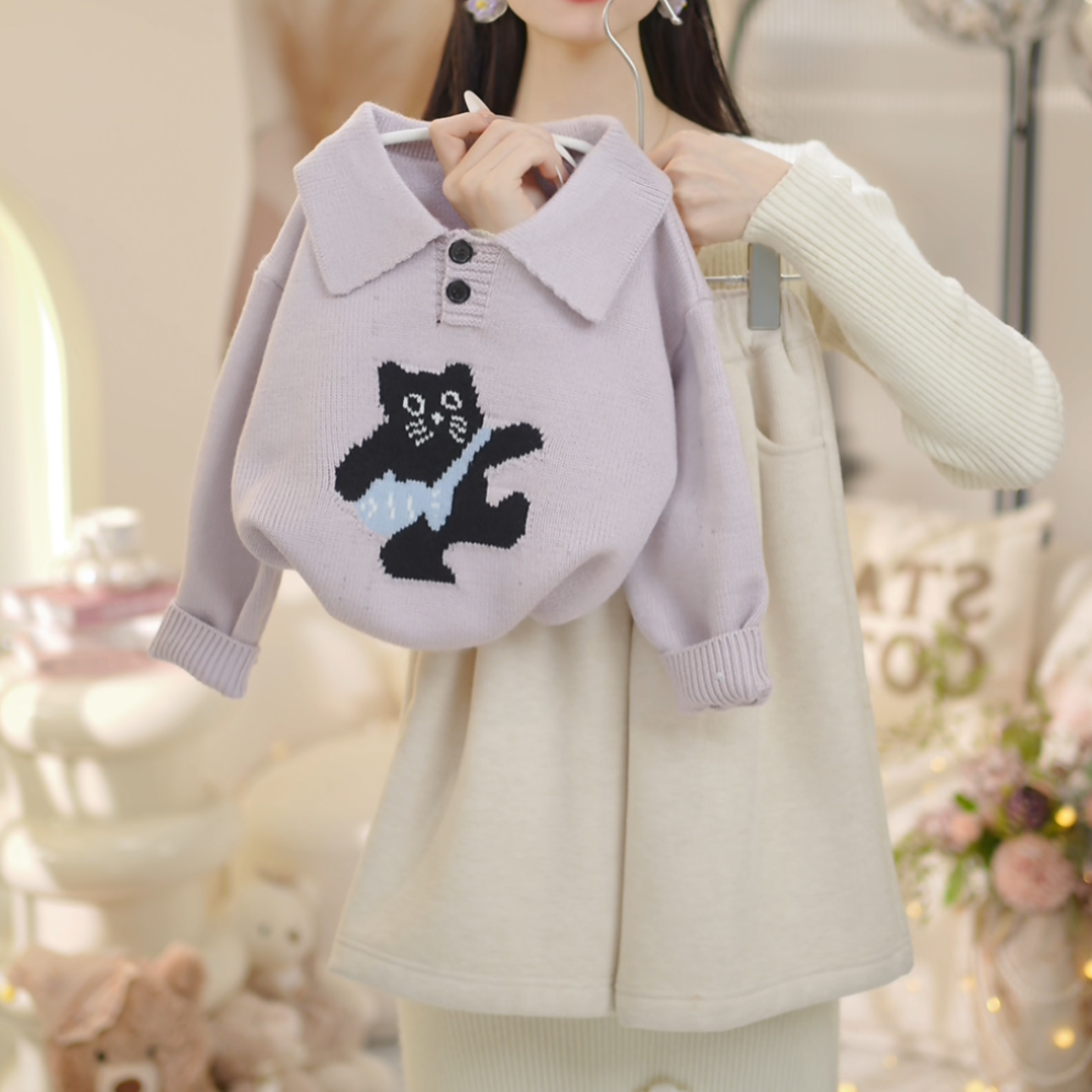 【现货】女童2025冬季新款翻领卡通加厚毛衣+加绒阔腿裤套装C25091