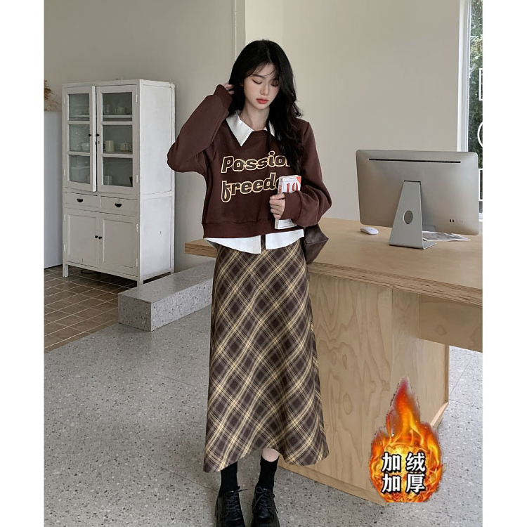 字母印花长袖卫衣秋季新款复古格子半身裙胖mm显瘦两件套装女1635