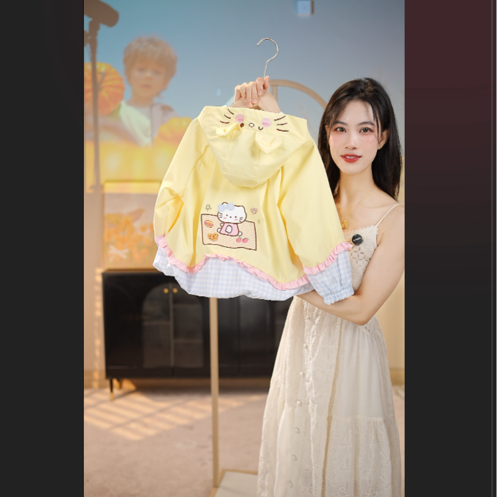 MOMOCO2025新款秋季女童拼色小猫咪卡通洋气时尚可爱外套20250807