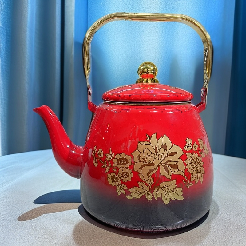 新疆包邮【3.3升红色茶壶】加厚珐琅搪瓷茶壶黑底花带家用烧水壶