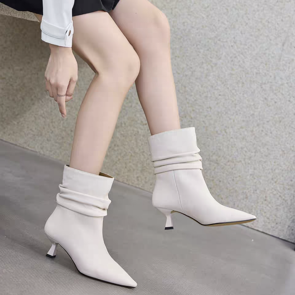 头层绵羊皮尖头高跟堆堆靴女冬2025新款欧美细跟真皮短靴301-1