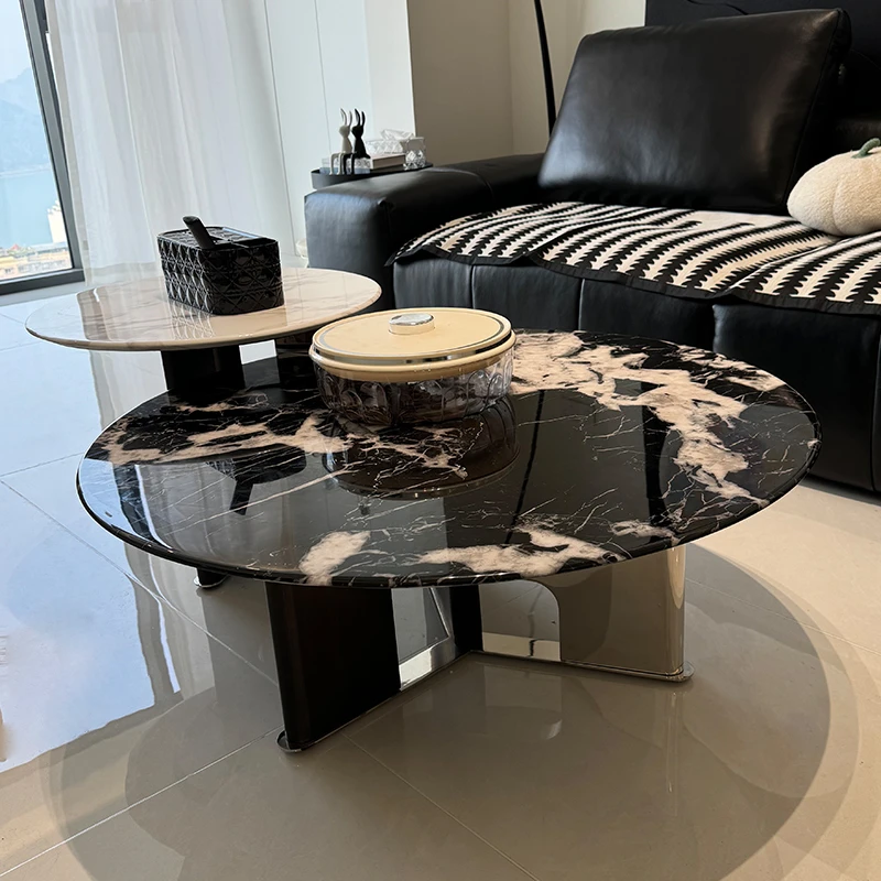 意式极简大理石茶几客厅家用现代简约设计师款高级感圆形茶几组合