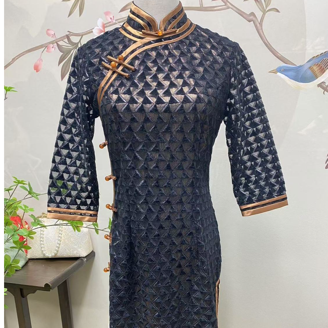 黑色立领日常低开衩经典中袖旗袍中长款中国风修身旗袍裙