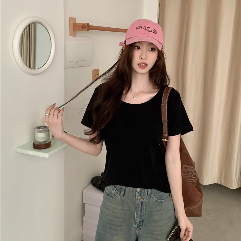 灰色正肩t恤女重磅短袖2025低领修身u领打底衫棉质大领口夏季上衣
