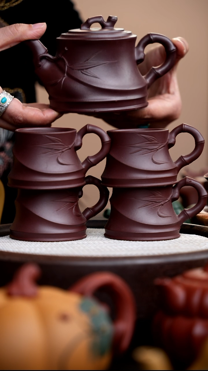 茶壶紫砂老紫泥竹节壶+配套同款手把杯*4