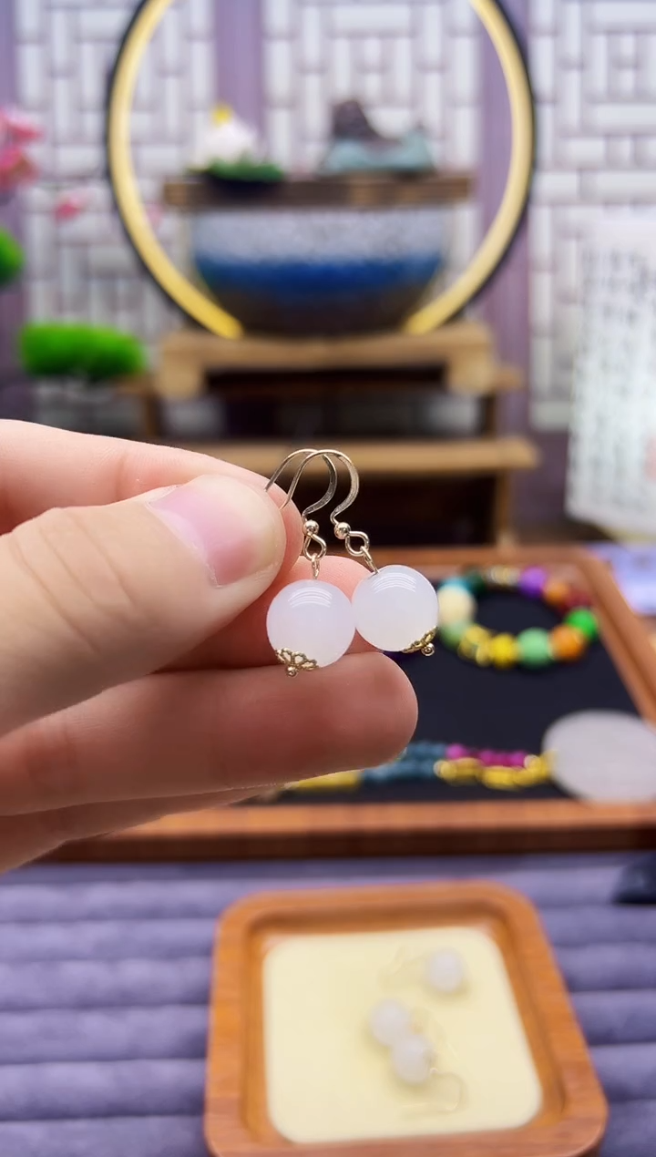 和田玉14K金镶嵌耳饰E118