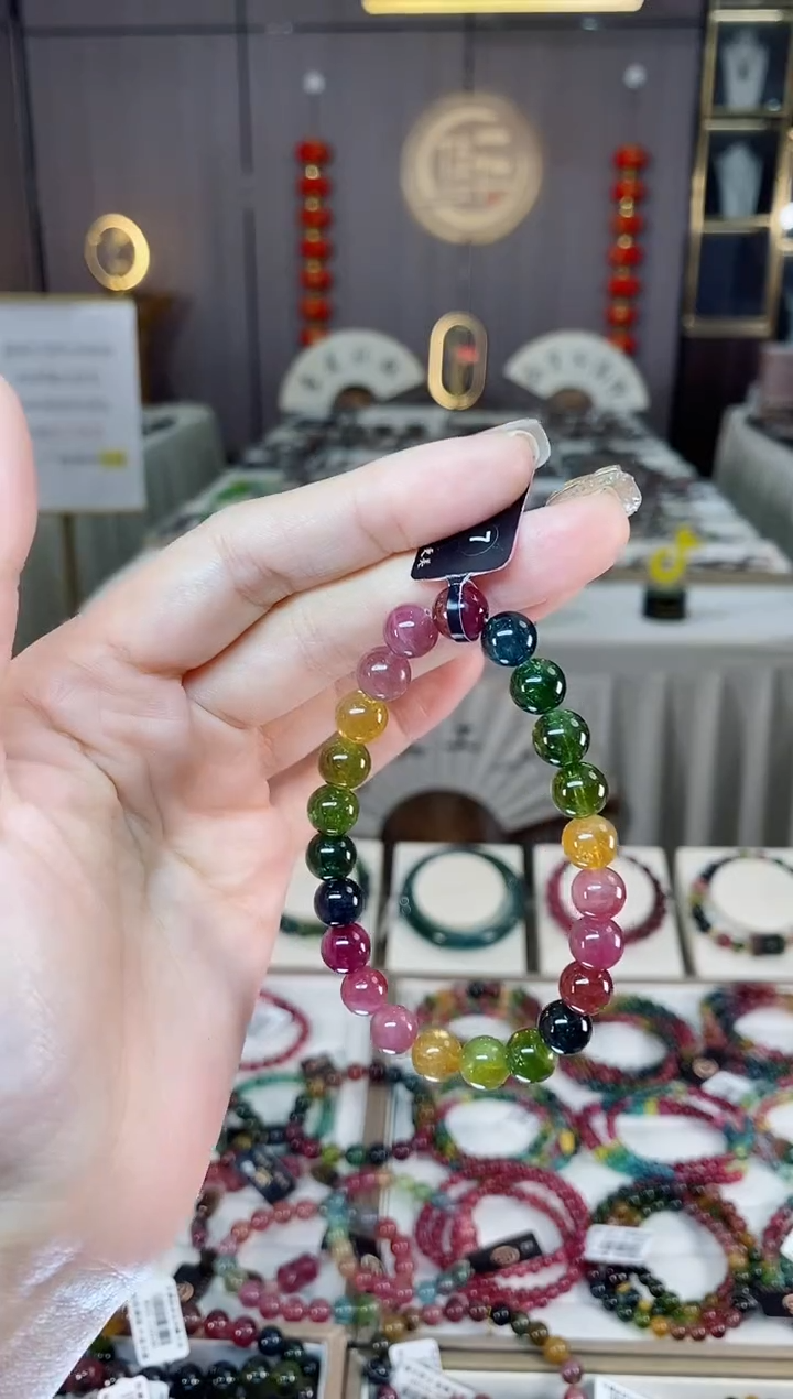 未镶嵌老矿碧玺色标彩虹单圈手串8mm+碧玺dan多样性发货一条