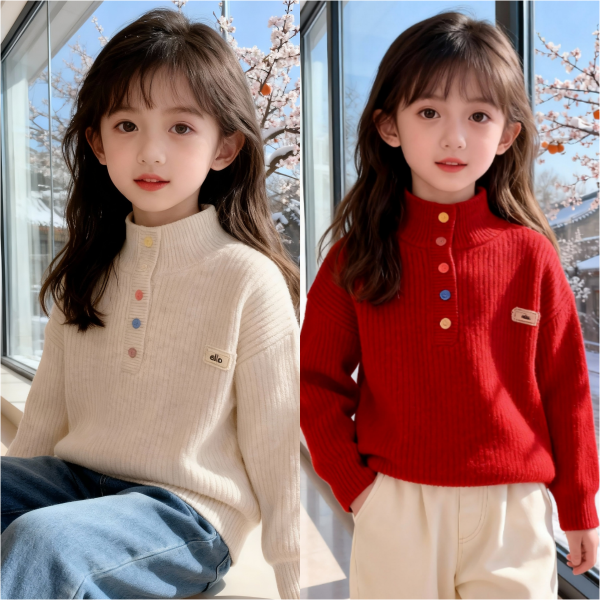 一体绒加厚儿童毛衣2025秋冬新款中大童装彩扣女孩打底针织衫洋气