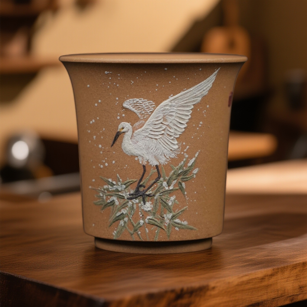 木隐砂堂 主人杯 白鹭 130cc 泥绘 茶器 张志清高徒 陈磊制 