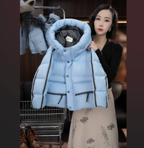 2025冬季新款宝石蓝连帽韩版极寒系列双倍充绒羽绒服