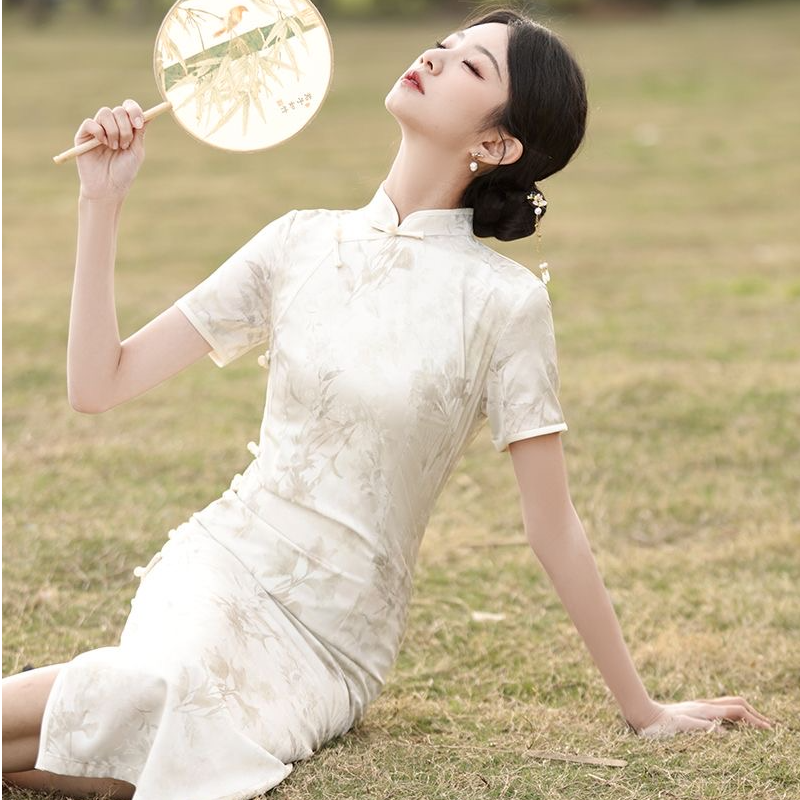 春荣名品米白色提花长款气质旗袍