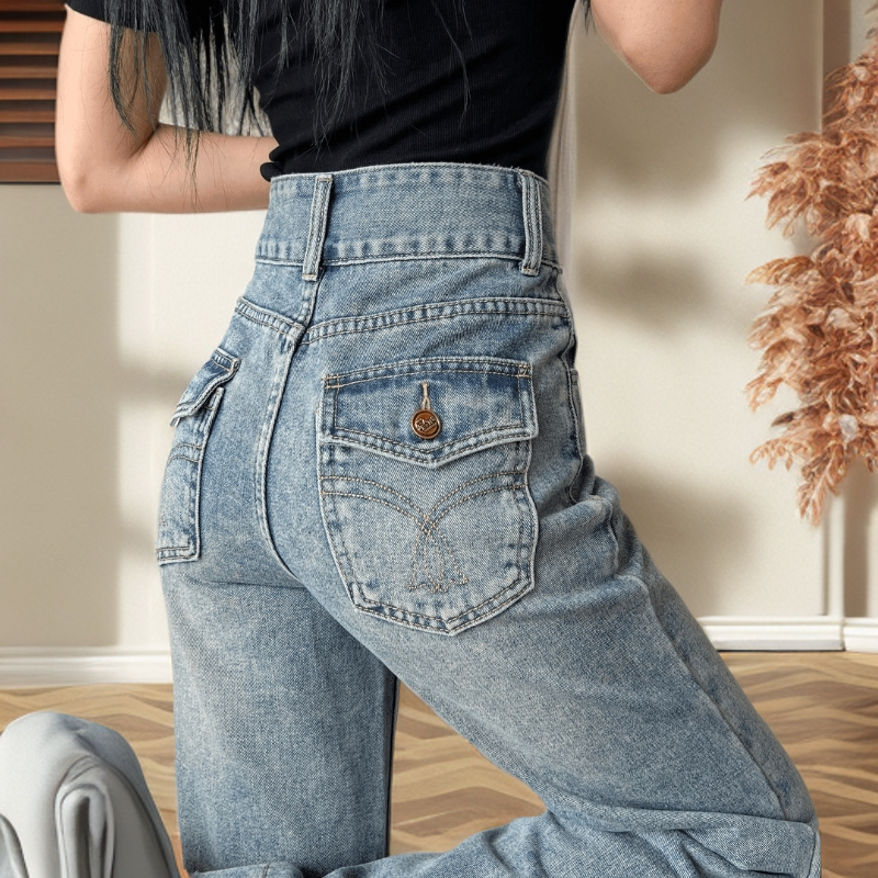 【1现货＋运费险】夏季怀旧蓝直筒高腰显瘦设计感牛仔裤时尚休闲百搭