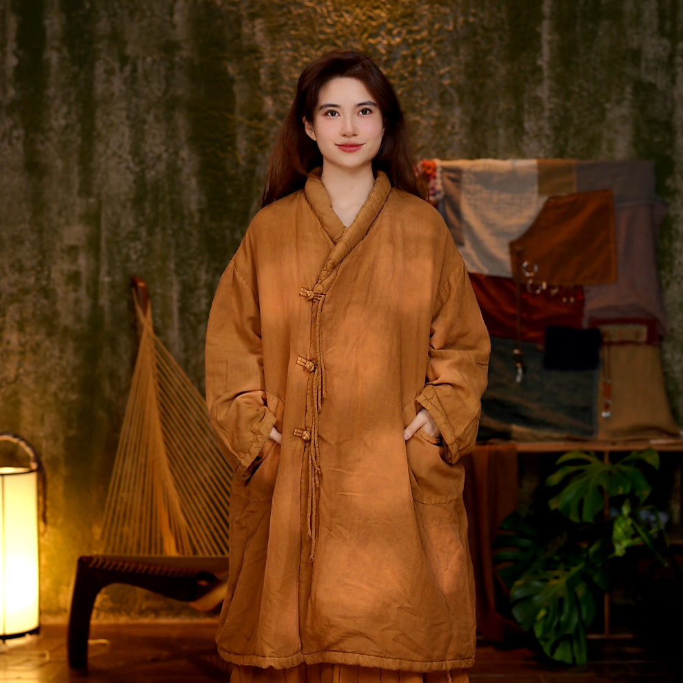 25AW260衣长95花朵长款保暖睡衣棉衣冬季棉服盘扣中长款提花上衣