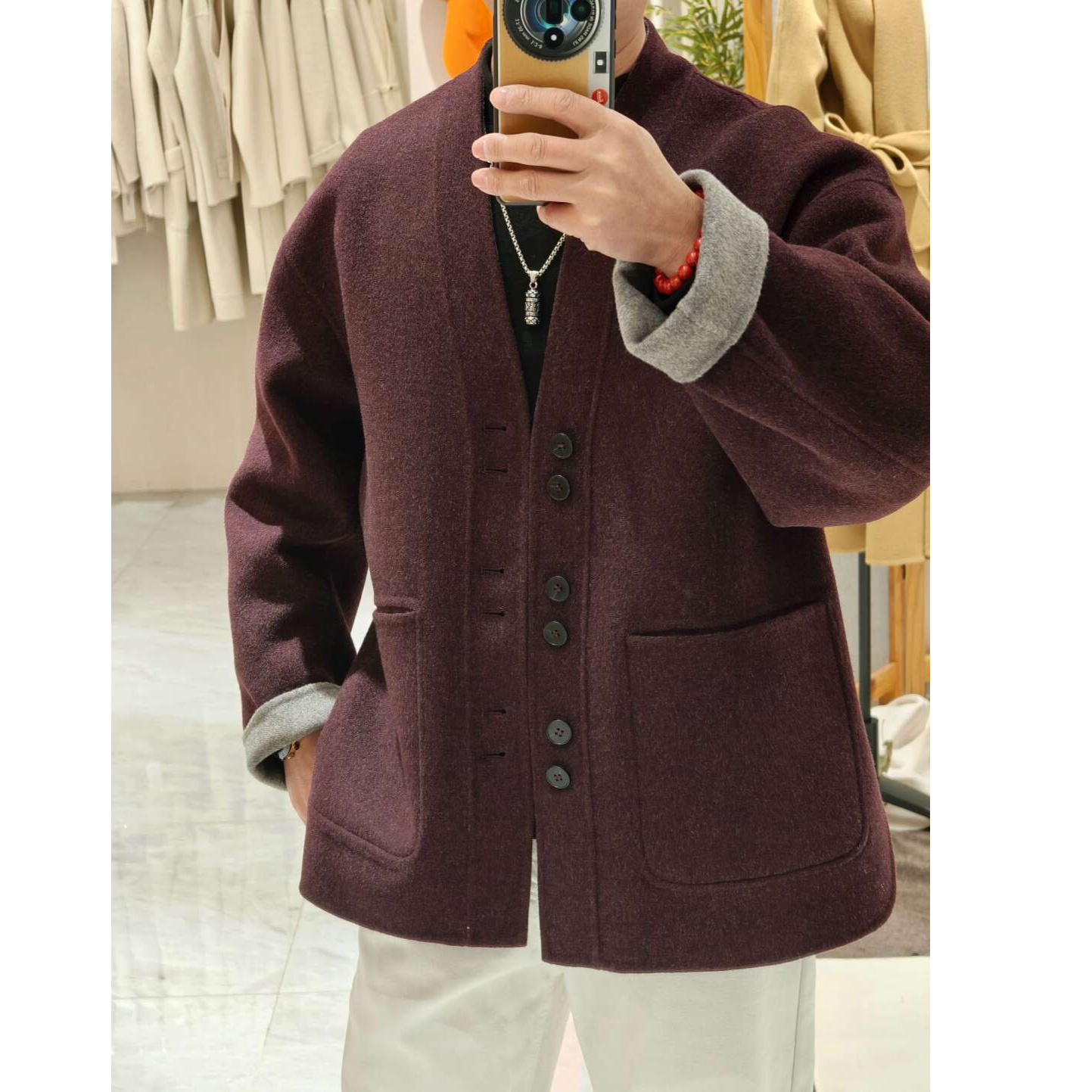 双面穿阔版100%羊毛双面异色休闲尼道袍外套