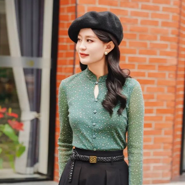 GIRDEAR哥弟   优雅复古旗袍领提花网纱衬衫1301057