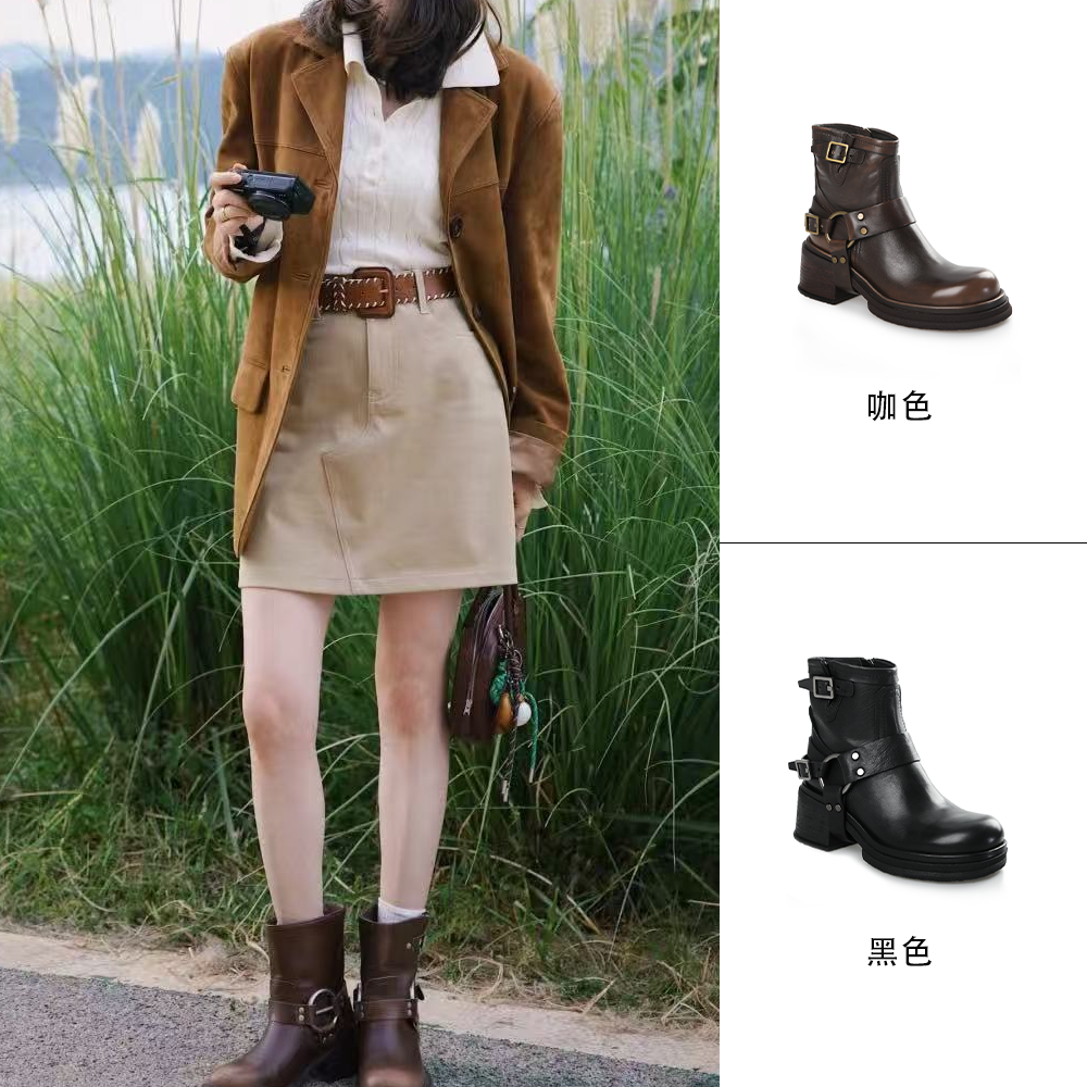 MANIKA GUAN新款25秋冬厚底真皮骑士靴复古百搭短靴爆款MK2077127