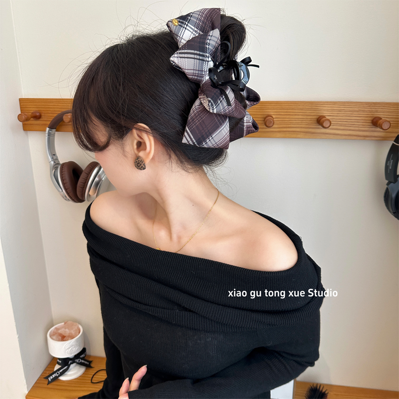 新款格纹大容量大抓夹复古法式高级感显发量多盘发夹女头饰发饰