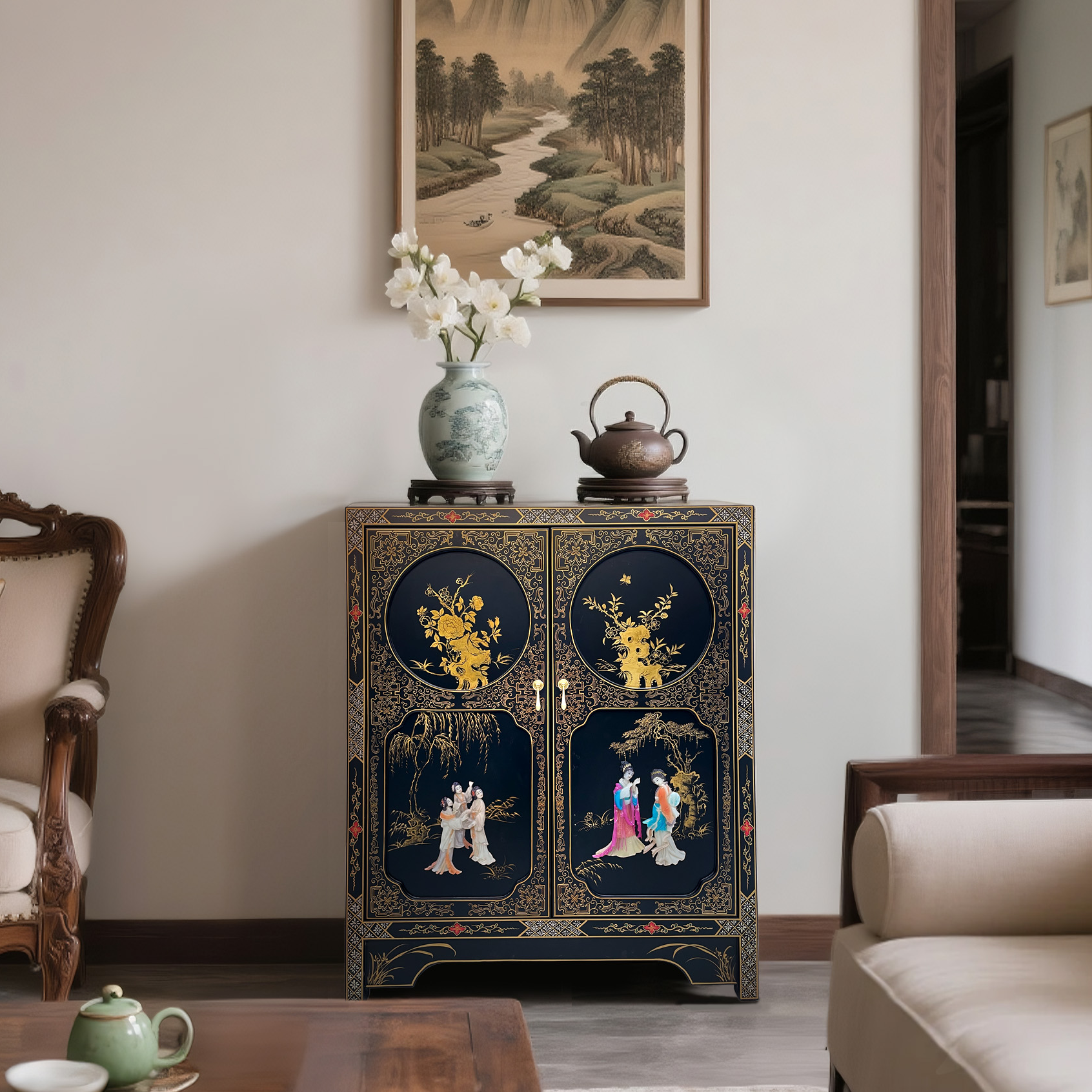 TT37新中式古典手工手绘客厅隔断入户玄关柜86*40*104cm