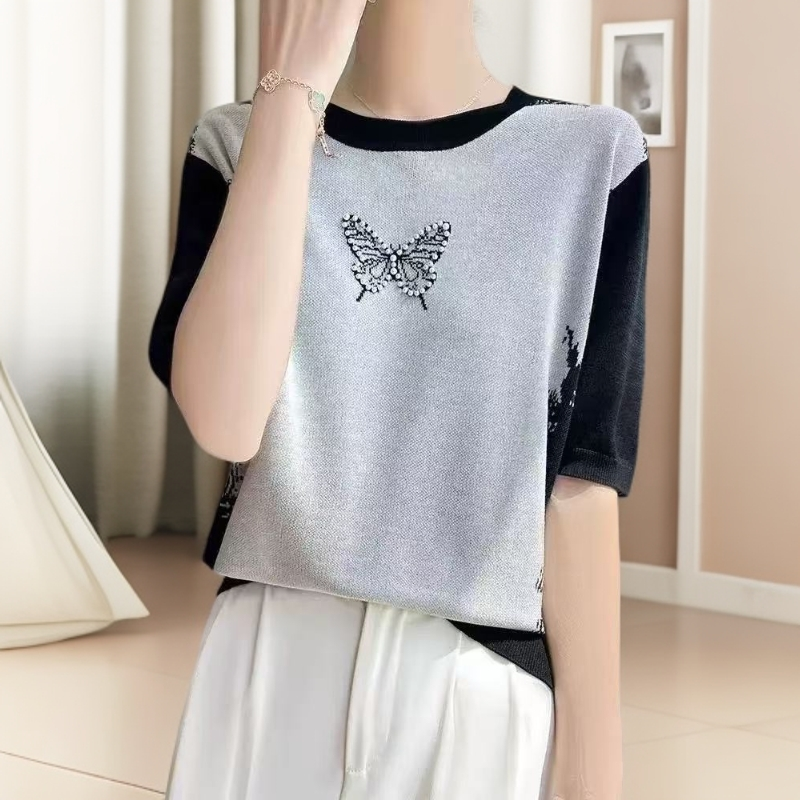 114【珍珠蝴蝶】2024新款圆领莱赛尔天丝针织短袖